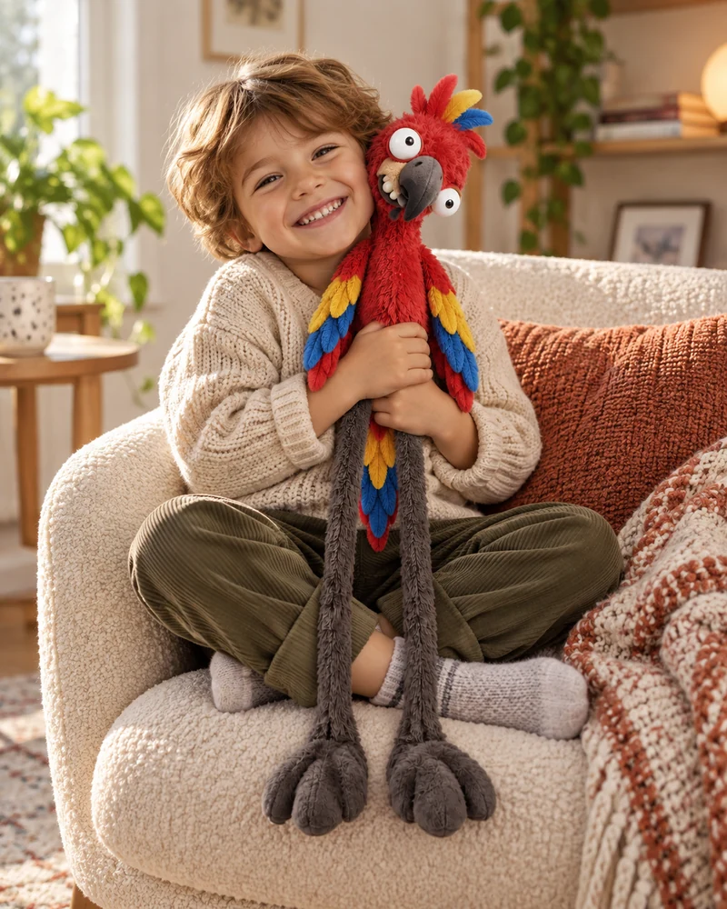 ParrotPip 50 cm plush parrot Teddy with a child