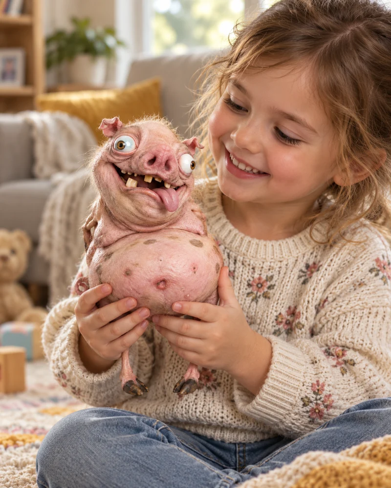 PiggySquiggly held by a child