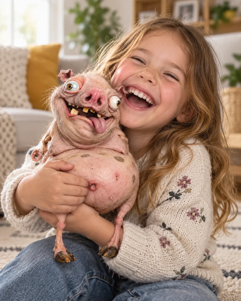 PiggySquiggly beside a laughing child