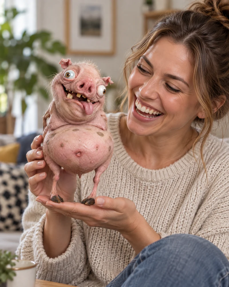 PiggySquiggly held by a laughing adult